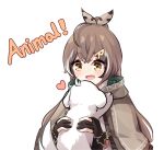  1girl :d ahoge animal bangs black_hair brown_hair capelet commentary crossed_bangs dog english_text feather_hair_ornament feathers gloves hair_ornament heart hololive hololive_english likameri025 looking_at_another multiple_girls nanashi_mumei open_mouth owl_girl partially_fingerless_gloves puppy simple_background smile solo transparent_background upper_body virtual_youtuber white_hair yellow_eyes 