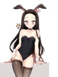  1boy 1girl :o absurdres agatsuma_zenitsu animal_ears bare_shoulders black_bodysuit black_hair bodysuit breasts brown_hair forehead hair_ornament hair_ribbon highres kamado_nezuko kimetsu_no_yaiba long_hair nail_polish pantyhose pink_eyes pink_nails pink_ribbon playboy_bunny pori_(kmt_pori) rabbit_ears ribbon wristband 