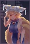  1girl animal_ears bent_over blonde_hair blush breasts dress fox_ears fox_tail hand_in_own_hair hat highres huge_breasts ibaraki_natou kitsune long_sleeves looking_at_viewer multiple_tails naked_tabard open_mouth pillow_hat rain short_hair sideboob skindentation solo tabard tail thighs touhou white_headwear wide_sleeves yakumo_ran yellow_eyes 