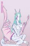  anthro blue_hair broken_wing dragon eyes_closed female hair hi_res hynvale pink_body pinup pose sad scalie solo vein western_dragon white_body wings 