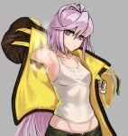  1girl arm_up armpits bangs blush breasts collarbone emily_(last_origin) error grey_background highres jacket last_origin long_hair looking_at_viewer midriff narcur parted_lips pink_hair red_eyes removing_jacket shirt simple_background small_breasts steam sweat swept_bangs tank_top toned undershirt upper_body very_long_hair white_shirt 