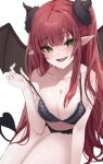  1girl 1yu_x :d absurdres bangs bare_arms black_bra black_panties black_wings blunt_bangs bra breasts cleavage collarbone demon_girl demon_tail fang green_eyes highres horns leaning_forward lingerie long_hair looking_at_viewer medium_breasts open_mouth panties pointy_ears red_hair rizu-kyun shiny shiny_hair shiny_skin simple_background sitting smile solo sono_bisque_doll_wa_koi_wo_suru tail underwear underwear_only undressing very_long_hair white_background wings 