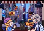  2girls black_shirt blonde_hair blue_shirt blush buna_shimeji_(keymush) burger clownpiece drink drinking_straw fairy fairy_wings feathered_wings food hair_between_eyes hat holding holding_food kishin_sagume long_hair long_sleeves mcdonald&#039;s multiple_girls new_york open_mouth orange_eyes purple_headwear shirt short_hair short_sleeves single_wing sitting smile starbucks touhou white_hair white_wings wings 