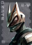  1boy absurdres armor commentary_request compound_eyes cosplay crossover fox_mask grey_background highres kamen_rider kamen_rider_geats kamen_rider_geats_(cosplay) kamen_rider_geats_(series) kamen_rider_revi kamen_rider_revice kitsune kozsen_810290 male_focus mask red_eyes sharp_teeth solo teeth 