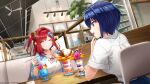  2girls blouse blue_hair blue_shirt breasts closed_eyes copyright dolphin_hair_ornament dolphin_wave facing_another game_cg green_scrunchie hair_ornament hair_scrunchie highres holding holding_spoon indoors large_breasts looking_at_another multiple_girls official_art one_side_up parfait red_hair sakimiya_iruka scrunchie shirt short_hair sitting sparkle spoon tojou_michiru white_shirt 