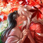  1boy 1girl animal_ears autumn_leaves black_hair blurry blurry_background couple fingernails fox_ears french_kiss from_side hetero higurashi_kagome holding_hands interlocked_fingers inuyasha inuyasha_(character) japanese_clothes jewelry kimono kiss leaf lennys long_hair maple_leaf necklace red_kimono sharp_fingernails shiny shiny_hair straight_hair twitter_username upper_body watermark web_address white_hair white_kimono 