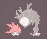  black_eyes bright_pupils commentary corsola cursola eye_contact full_body grey_background looking_at_another looking_down looking_up no_humans pink_eyes pokemon pokemon_(creature) ssalbulre white_pupils 