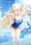  1girl absurdres blonde_hair blue_eyes blue_sky breasts cleavage cloud competition_school_swimsuit day feet_out_of_frame grin highres kofune_ushio leaning_forward long_hair looking_at_viewer medium_breasts outdoors partially_underwater_shot school_swimsuit sky smile solo summertime_render swimsuit thigh_gap very_long_hair water wudiyuzhouxiaohuanxiong 