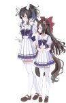  2girls animal_ears black_hair daiichi_ruby_(umamusume) daitaku_helios_(umamusume) drill_hair full_body hair_ornament hair_ribbon height_difference highres horse_ears horse_tail kh87136648 looking_to_the_side multicolored_hair multiple_girls red_eyes ribbon simple_background tail thighhighs umamusume vector_trace white_background yellow_eyes 