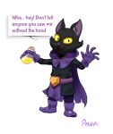  anthro black_body black_fur boots bright_eyes cape clothed clothing dialogue domestic_cat felid feline felis female footwear fur gloves handwear headhunter_(clash_of_clans) latex_gloves mammal peludo potion potion_bottle simple_background solo speech_bubble talking_to_viewer yellow_eyes 