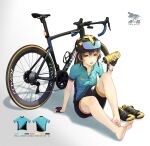  1girl arm_support bangs barefoot bicycle bike_jersey bike_shorts biker_clothes black_footwear blush bottle bracelet breasts brown_hair collarbone english_text feet fukukitaru full_body gloves goggles goggles_on_headwear gradient gradient_background grey_background ground_vehicle hand_up helmet jewelry knee_up knees_apart_feet_together legs looking_at_viewer medium_breasts multicolored_footwear open_mouth original partially_fingerless_gloves partially_unzipped shadow shoes shoes_removed short_hair short_sleeves sitting sneakers soles solo sweat sweatdrop thighs toes white_background yellow_eyes yellow_footwear 