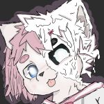  1:1 ambiguous_gender anthro black_pupils blue_eyes canid canine canis clothing dazed_(video_game) fur hair hi_res latex lonelywolfyboi looking_at_viewer mammal pattern_clothing pink_hair pupils simple_background solo sticky tongue tongue_out transformation white_body white_fur wolf xi_(dazed) 