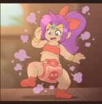  accessory age_regression blush bow_ribbon bracelet child clothing cuddlehooves diaper female footwear genie hair_accessory hair_bow hair_ribbon hi_res humanoid jewelry looking_down on_one_leg open_mouth poof regression ribbons shantae shantae_(series) socks solo standing teeth toddler tongue video_games wayforward young 
