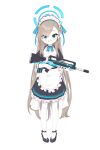  1girl absurdres ansan_ey apron assault_rifle asuna_(blue_archive) bangs blue_archive blue_bow blue_eyes blue_ribbon blush bow brown_hair bullpup dress famas frills full_body gun hair_ribbon highres holding light_brown_hair long_hair looking_at_viewer maid maid_apron maid_headdress pantyhose puffy_sleeves ribbon rifle shoes simple_background smile solo standing swept_bangs very_long_hair weapon white_apron white_background younger 