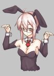  1girl absurdres ahoge animal_ears armpits artoria_pendragon_(fate) bare_shoulders black_sleeves blush breasts cleavage collar covered_navel cropped_torso detached_collar detached_sleeves fate/grand_order fate_(series) glasses grey_background hair_between_eyes highres looking_at_viewer mysterious_heroine_x_alter_(fate) necktie nora_red playboy_bunny rabbit_ears red_necktie short_necktie solo white_collar wrist_cuffs yellow_eyes 