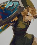  1boy attack blonde_hair blue_eyes commentary_request earrings gloves green_headwear green_tunic hat highres hylian_shield jewelry link long_hair male_focus pisu_1107 pointy_ears shield solo sword the_legend_of_zelda weapon white_background 