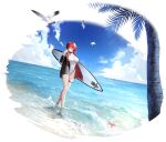  1girl animal artist_request azur_lane bangs bird blue_sky breasts cleavage cloud cloudy_sky collar covered_navel full_body highleg highleg_swimsuit highres holding jacket looking_at_viewer medium_breasts ocean official_art one-piece_swimsuit open_clothes open_jacket palm_leaf palm_tree red_eyes red_hair sandals seagull shiny shiny_hair short_hair simple_background sky solo starfish surfboard swimsuit thigh_strap thighs toeless_footwear tree wading water weser_(azur_lane) weser_(wave-washed_paradise)_(azur_lane) 