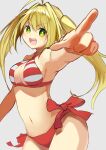  1girl absurdres ahoge armpits bikini blonde_hair breasts contrapposto enzan_(b5sni) fate/grand_order fate_(series) green_eyes highres long_hair medium_breasts navel nero_claudius_(fate) nero_claudius_(swimsuit_caster)_(fate) pointing pointing_at_viewer red_bikini side-tie_bikini solo swimsuit teeth thighs twintails upper_teeth white_background 