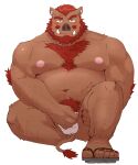  2022 anthro belly big_belly blush bulge clothing footwear hagom hi_res humanoid_hands kemono male mammal moobs nipples overweight overweight_male pubes sandals scar sitting solo suid suina sus_(pig) underwear wild_boar 