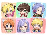  3boys 3girls black_cape black_gloves blue_hair blue_jacket blush cape chanmura clenched_hands closed_eyes crossed_arms elle_vianno elpeo_puru fingerless_gloves flower glemy_toto gloves green_eyes green_jacket gundam gundam_zz hair_behind_ear hair_between_eyes heart holding holding_flower jacket judau_ashta looking_at_viewer mashymre_cello multiple_boys multiple_girls one_eye_closed orange_hair pink_flower pink_jacket pink_rose pink_shirt purple_eyes purple_hair rose roux_louka shirt smile star_(symbol) thumbs_up twitter_username v-shaped_eyebrows watermark yellow_shirt 
