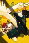  1boy 1girl ahoge black_shorts blonde_hair blue_eyes blue_hair bow chromatic_aberration colored_tips commentary controller covering_one_eye cross-shaped_pupils evil_grin evil_smile eyebrows_hidden_by_hair flipped_hair foreshortening fur_collar green_bow grin highres kagamine_len kagamine_rin knee_up looking_at_viewer lower_teeth multicolored_hair one_eye_covered open_mouth reaching_out remote_control rimocon_(vocaloid) sharp_teeth shirt shorts simple_background sleeveless sleeveless_shirt smile standing standing_on_one_leg symbol-shaped_pupils taisa_piyo teeth upper_teeth v vest vest_over_shirt vocaloid yellow_background yellow_nails 