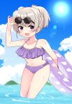  1girl :d ao_(flowerclasse) arm_up bangs bare_arms bare_shoulders bikini blue_sky blush breasts cloud collarbone commentary_request day eyewear_on_head fang grey_hair highres innertube looking_at_viewer navel outdoors ponytail purple_bikini purple_eyes short_hair sky slow_loop small_breasts smile solo sun sunglasses swimsuit water yoshinaga_koi 