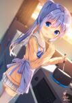  1girl apron artist_name blue_apron blue_eyes blue_hair blurry blurry_background blush cardigan chinomaron cooking dutch_angle gochuumon_wa_usagi_desu_ka? hair_between_eyes hair_ornament highres holding holding_ladle indoors kafuu_chino ladle long_hair long_sleeves looking_at_viewer open_mouth pleated_skirt ponytail sailor_collar signature skirt smile solo stove thighhighs twitter_username white_sailor_collar white_skirt white_thighhighs x_hair_ornament yellow_cardigan 