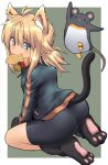  1girl animal_ears animal_hands antenna_hair ass bangs bell bike_shorts black_footwear black_gloves black_jacket black_shorts blonde_hair blush cat_ears cat_girl cat_tail collar commentary_request fang food food_in_mouth from_behind gloves green_eyes grey_background hair_between_eyes highres hijikata-san_(m.m) jacket jingle_bell kemonomimi_mode koshirae_tsurugi long_hair looking_at_viewer looking_back low_ponytail m.m mouse_ears mouse_tail mouth_hold neck_bell original paw_gloves paw_shoes ponytail red_collar short_shorts shorts tail taiyaki track_jacket two-tone_background wagashi white_background 