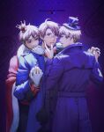  3boys ahoge america_(hetalia) arm_around_neck axis_powers_hetalia blue_background blue_suit cape coat crown dual_persona evil_grin evil_smile formal fur-trimmed_coat fur_trim furrowed_brow glasses gloves grin hands_on_another&#039;s_face hat hat_feather heart holding_hands interlocked_fingers littleb623 looking_at_another male_focus multiple_boys official_alternate_costume parted_lips red_cape smile spade_(shape) suit top_hat twitter_username united_kingdom_(hetalia) white_gloves yaoi 