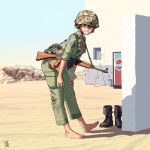  1girl absurdres ak-47 assault_rifle barefoot black_footwear boots boots_removed brown_eyes brown_hair desert english_commentary from_side green_jacket green_pants gun helmet highres jacket kalashnikov_rifle leaning_forward original ostwindprojekt pants pepsi rifle smile soldier solo vending_machine weapon 