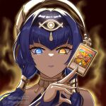  1girl artist_name bangs bare_shoulders blue_eyes blue_hair blurry blurry_background candace_(genshin_impact) card dark-skinned_female dark_skin dm_(nguyen_dm95) english_commentary exodia_the_forbidden_one fingerless_gloves genshin_impact gloves heterochromia holding long_hair looking_at_viewer parted_lips portrait shiny shiny_hair short_hair_with_long_locks solo teeth watermark yellow_eyes yu-gi-oh! 