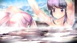  2girls armpits arms_up blue_eyes blue_sky blush breasts brown_eyes commentary_request day eye_contact gc3 highres kagamihara_nadeshiko long_hair looking_at_another mountain multiple_girls nude onsen outdoors parted_lips partially_submerged pink_hair ponytail profile purple_hair shima_rin sky small_breasts wet yurucamp 