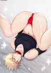  1boy absurdres animal_collar ass bakugou_katsuki bangs bed black_tank_top blonde_hair boku_no_hero_academia clenched_teeth collar cuntboy highres large_pectorals legs_up lying male_focus muscular muscular_male navel on_back on_bed panties pectorals pink_panties rayka red_eyes short_hair solo spiked_hair tank_top teeth thick_thighs thighs twitter_username underwear 
