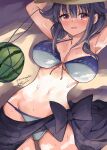  1girl artist_name bare_arms bare_legs bare_shoulders bikini black_hair black_sarong blue_bikini blush breasts food fruit hair_between_eyes hat highres kantai_collection large_breasts long_hair mizuta_kenji navel one-hour_drawing_challenge open_mouth red_eyes sarong signature solo sun_hat swimsuit taigei_(kancolle) twitter_username watermelon 