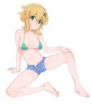  1girl akatsuki_kirika bangs bare_shoulders bikini blonde_hair blue_shorts blush breasts cleavage collarbone doka_yuki_(tsumorisugi) green_bikini green_eyes hair_ornament highres looking_at_viewer medium_breasts navel senki_zesshou_symphogear short_hair short_shorts shorts sitting solo swimsuit x_hair_ornament 