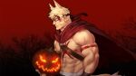  1boy abs animal_ears arm_tattoo bara bare_pectorals beard blonde_hair cape chest_belt chest_tattoo eye_mask facial_hair fox_boy fox_ears fox_tail from_side halloween jack-o&#039;-lantern male_focus mature_male muscular muscular_male mutton_chops navel navel_hair nipples non-web_source original pectorals red_cape rollingstonex6 short_hair solo stomach tail tattoo thick_eyebrows upper_body 