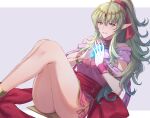  1girl bangs blush bracelet breasts commentary_request dress fingernails fire_emblem fire_emblem:_mystery_of_the_emblem fire_emblem_awakening fire_emblem_heroes glowing green_eyes green_hair highres holding jewelry long_hair looking_at_viewer medium_breasts official_alternate_costume parted_lips pink_dress pointy_ears shiny shiny_hair short_dress simple_background sitting sleeveless smile solo stone thighs tiara tiki_(fire_emblem) tomo_shirasu 