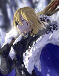 1boy armor bangs black_armor blonde_hair blood blood_on_face blue_cloak blurry blurry_background breath cloak closed_mouth commentary_request cuts dimitri_alexandre_blaiddyd eyepatch fire_emblem fire_emblem:_three_houses fur_trim gauntlets grey_background hair_between_eyes half-closed_eyes highres holding holding_polearm holding_weapon injury male_focus medium_hair one_eye_covered polearm rollnoko sidelighting snowing solo steam two-tone_background upper_body weapon white_background winter 