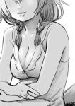  1girl absurdres braid breasts cleavage facing_viewer greyscale head_out_of_frame highres hololive inugami_korone jewelry large_breasts long_hair monochrome parted_lips ring sabaku_chitai shirt simple_background solo twin_braids white_background 