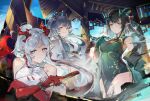  3girls absurdres arknights arm_tattoo bare_shoulders bead_bracelet beads black_hair black_skin blue_eyes blue_hair bracelet breasts china_dress chinese_clothes colored_skin dragon_girl dragon_horns dragon_tail dress dusk_(arknights) dusk_(everything_is_a_miracle)_(arknights) earrings flame-tipped_tail green_dress green_skin hand_up highres horns jewelry jumbowhopper ling_(arknights) long_hair looking_at_viewer medium_breasts multiple_girls necktie nian_(arknights) nian_(unfettered_freedom)_(arknights) official_alternate_costume pointy_ears ponytail red_eyes red_necktie red_skin shirt siblings sisters sleeveless sleeveless_dress tail tassel tassel_earrings tattoo white_dress white_hair white_shirt 