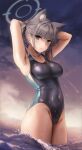  1girl animal_ear_fluff animal_ears armpits arms_behind_head arms_up bangs black_swimsuit blue_archive blue_eyes blush breasts competition_swimsuit covered_navel cowboy_shot cross_hair_ornament earrings extra_ears gijang grey_hair groin hair_ornament halo highres jewelry looking_at_viewer medium_breasts medium_hair ocean one-piece_swimsuit parted_lips ponytail shiroko_(blue_archive) shiroko_(swimsuit)_(blue_archive) solo standing swimsuit wading water wet wet_clothes wet_swimsuit 