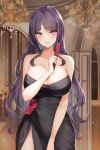  1girl absurdres arch bangs bare_arms bare_shoulders black_dress black_hair blurry blurry_background blush breasts chandelier cleavage cowboy_shot dress flower folding_fan grin hand_fan hand_up highres holding holding_fan indoors large_breasts lillly long_hair original parted_bangs parted_lips purple_eyes purple_hair red_flower red_rose rose smile solo standing strapless strapless_dress wavy_hair 