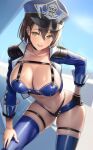  1girl azur_lane baltimore_(azur_lane) bangs bikini black_gloves blue_bikini blue_jacket blue_shorts blue_sky blush breasts brown_hair cleavage collarbone cropped_jacket cuboon gloves grin hat jacket large_breasts lips long_sleeves looking_at_viewer micro_shorts navel open_clothes open_jacket race_queen short_hair shorts sky smile solo swimsuit thighhighs thighs yellow_eyes 