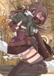  1girl alternate_costume anya_melfissa bangs blush boots bow brown_hair clock gears green_nails green_shirt highres hololive hololive_indonesia ludwigtk official_alternate_costume pouch purple_eyes serious shirt solo steam steampunk sweat virtual_youtuber 