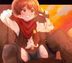  1boy belt brown_hair child cloud cloudy_sky commentary_request commission cowboy cowboy_hat cowboy_western fingerless_gloves gloves hat highres looking_at_viewer male_child male_focus mountainous_horizon orange_sky original satoe short_hair sitting skeb_commission sky smile solo teeth 