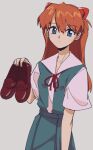  1girl blue_eyes blue_skirt brown_footwear cowboy_shot hair_ornament hand_up holding holding_shoes looking_at_viewer neon_genesis_evangelion nzeneee orange_hair red_ribbon ribbon school_uniform shoes simple_background skirt souryuu_asuka_langley standing tokyo-3_middle_school_uniform 