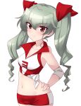  1girl anchovy_(girls_und_panzer) blush breasts brown_eyes cameltoe cleavage closed_mouth collarbone girls_und_panzer green_hair gym_shorts hair_ribbon hands_on_hips highres kuzuryuu_kennosuke long_hair looking_at_viewer midriff navel red_shorts ribbon shiny shiny_hair shorts simple_background small_breasts smile solo sportswear twintails volleyball_uniform white_background 