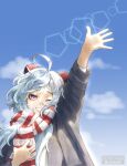  1girl bangs blue_hair blush cloud contemporary english_commentary ganyu_(genshin_impact) genshin_impact grey_jacket head_tilt highres holding holding_clothes holding_scarf horns jacket l_(ldraws10) long_hair one_eye_closed purple_eyes red_scarf scarf sky smile striped striped_scarf twitter_username upper_body watermark white_scarf 