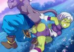  1boy 1girl ass beerus blue_pants brown_footwear censored cheelai clenched_teeth clothed_sex colored_skin covered_nipples crossed_arms dragon_ball dragon_ball_super dragon_ball_super_super_hero gloves grass green_skin head_out_of_frame hetero jcm2 mosaic_censoring navel on_floor one_eye_closed pants penis purple_skin rolling_eyes sex short_hair sitting sitting_on_person tail tearing_up tears teeth white_footwear white_gloves white_hair 