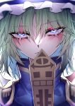  1girl 33_gaff bangs blue_eyes closed_mouth epaulettes frilled_hat frills green_hair hat looking_at_viewer rod_of_remorse shiki_eiki short_hair simple_background touhou upper_body white_background 